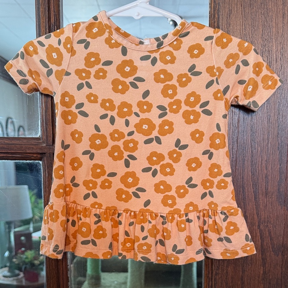 Babysprouts Peach Floral Bamboo Viscose Peplum Ruffle Top 0-3M Short Sleeve Kids